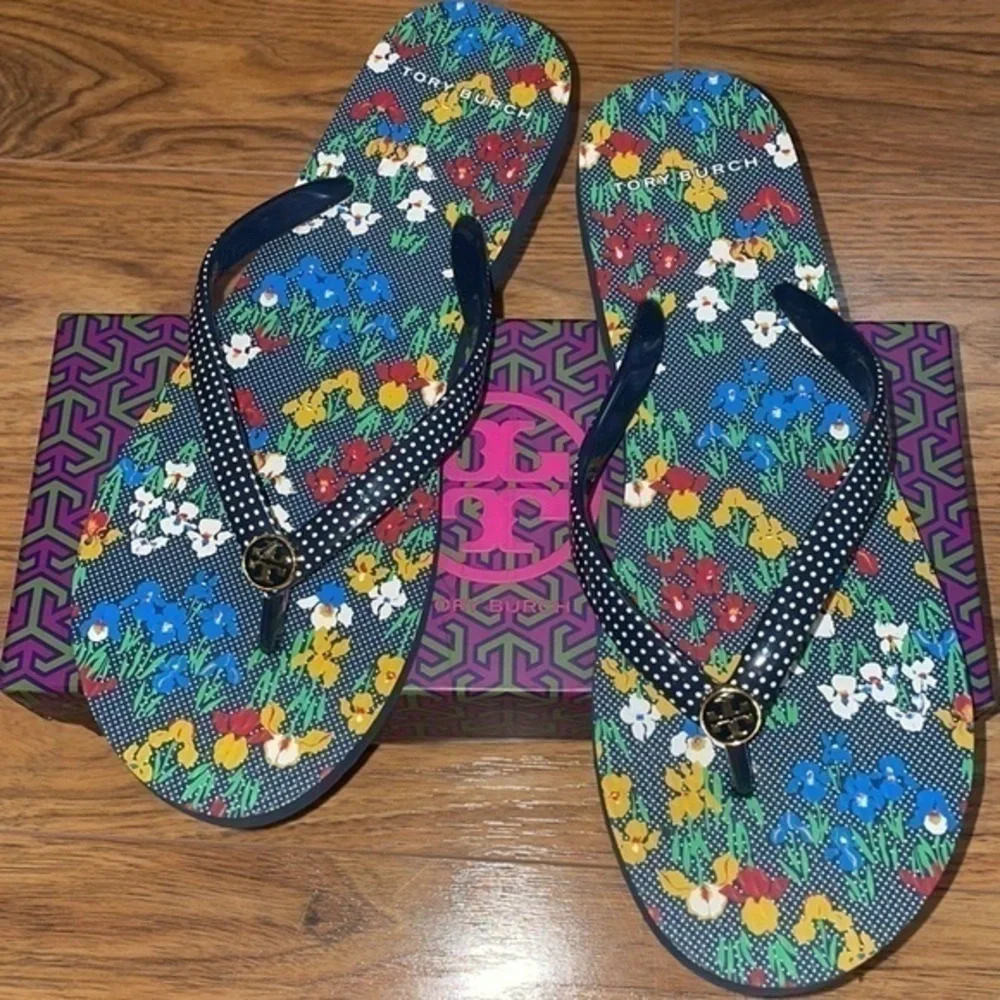 Tory Burch WORN ONCE Auth. Floral Dot Patterned Flip Flop Thong Sandals